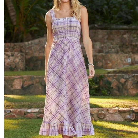 NWT Boston Proper Smocked Plaid Seersucker Dress In Lilac‎ And White. so … - Picture 3 of 15